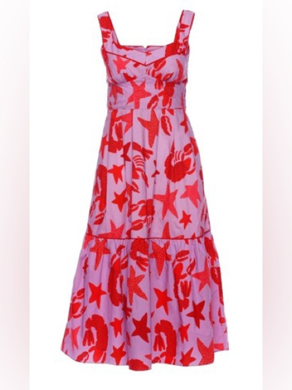 Farm Rio Lobster Sky Midi Dress Red Lavender Print Ruffle Sleeveless Size M